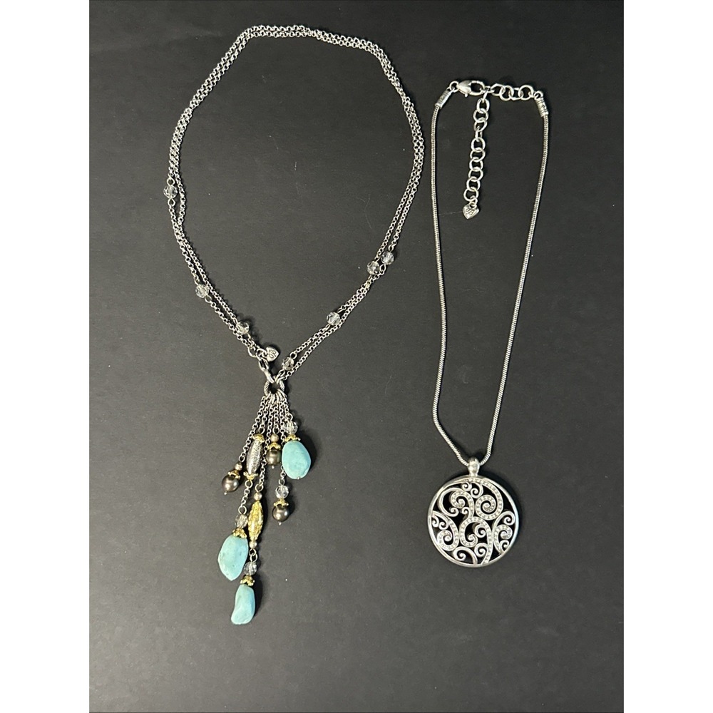 Brighton Jewelry Lot of 2 Silver Plated Necklaces Turquoise Crystal Station